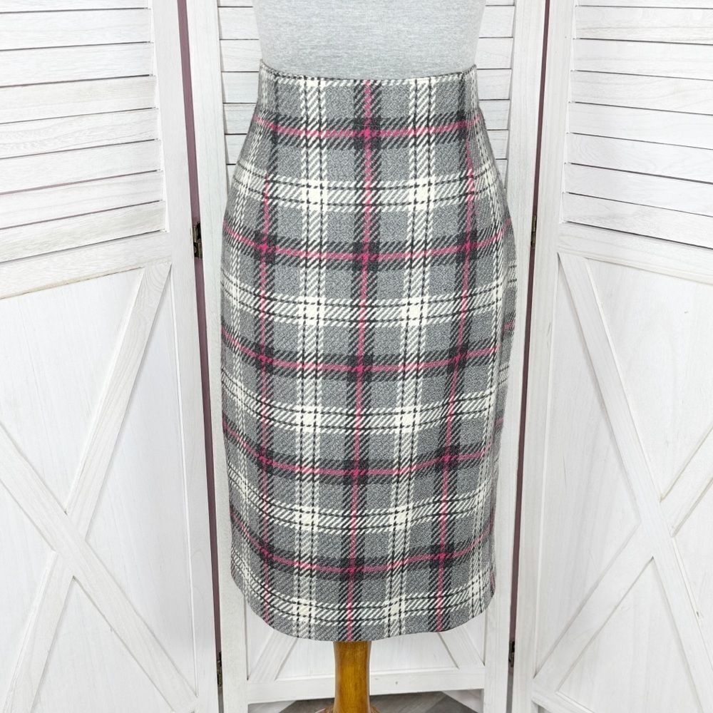 Gianni Sport Vintage Tartan‎ Plaid Wool Pencil Skirt Grey Pink 12